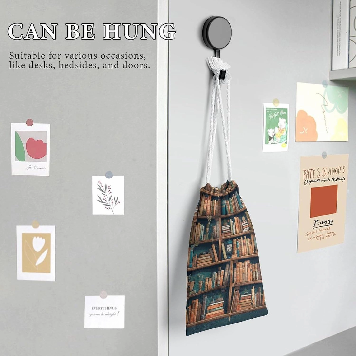 Drawstring Storage Bag Cartoon Bookshelf Bookworm Gym String Bag Durable Washable for Men Women