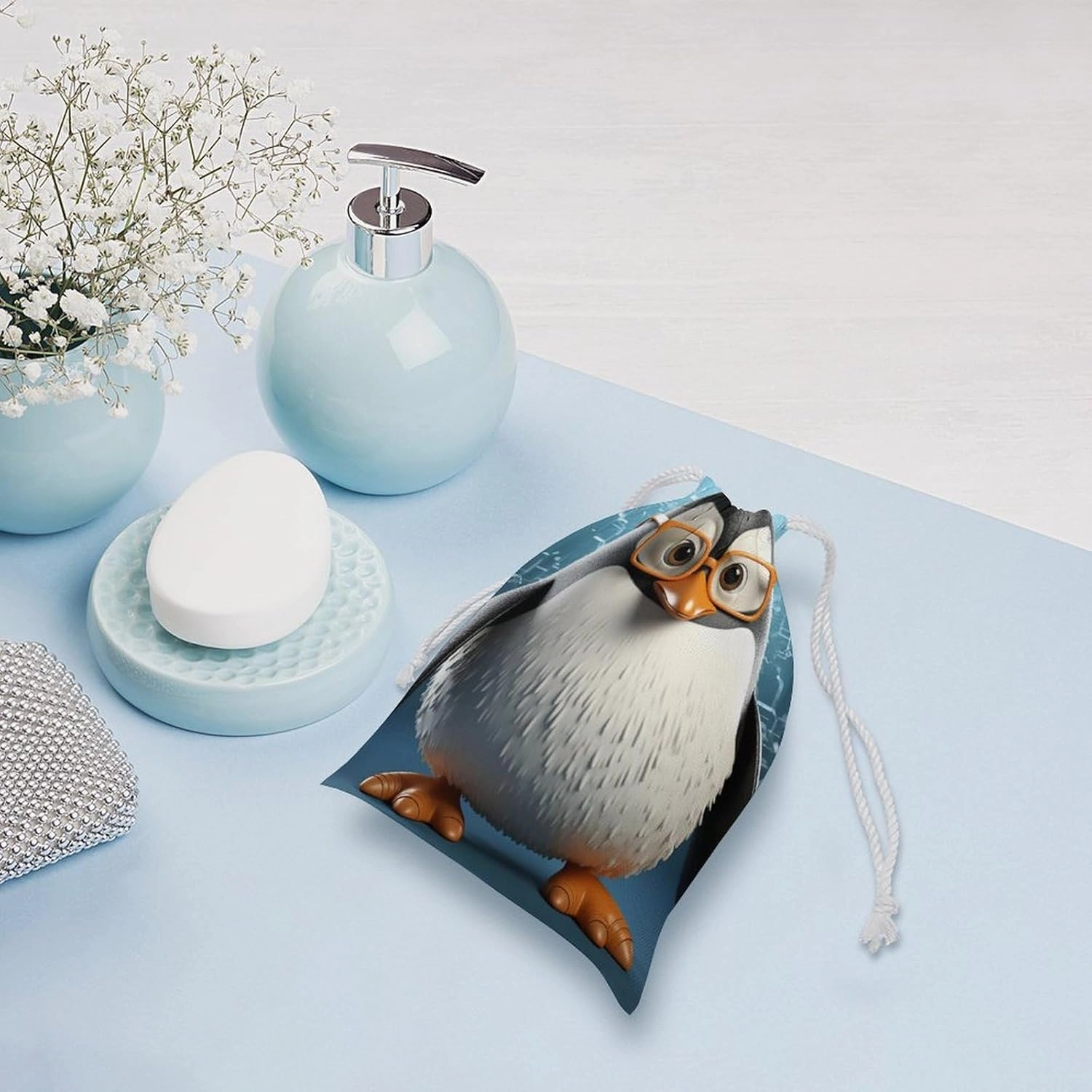 Drawstring Storage Bag Penguin With Glasses Gym String Bag Durable Washable for Men Women
