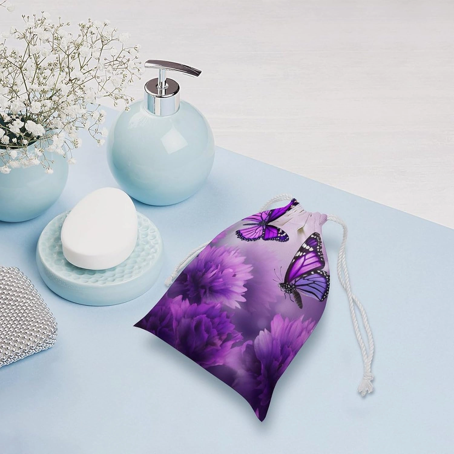 Drawstring Storage Bag Purple Flower Butterflies Gym String Bag Durable Washable for Men Women