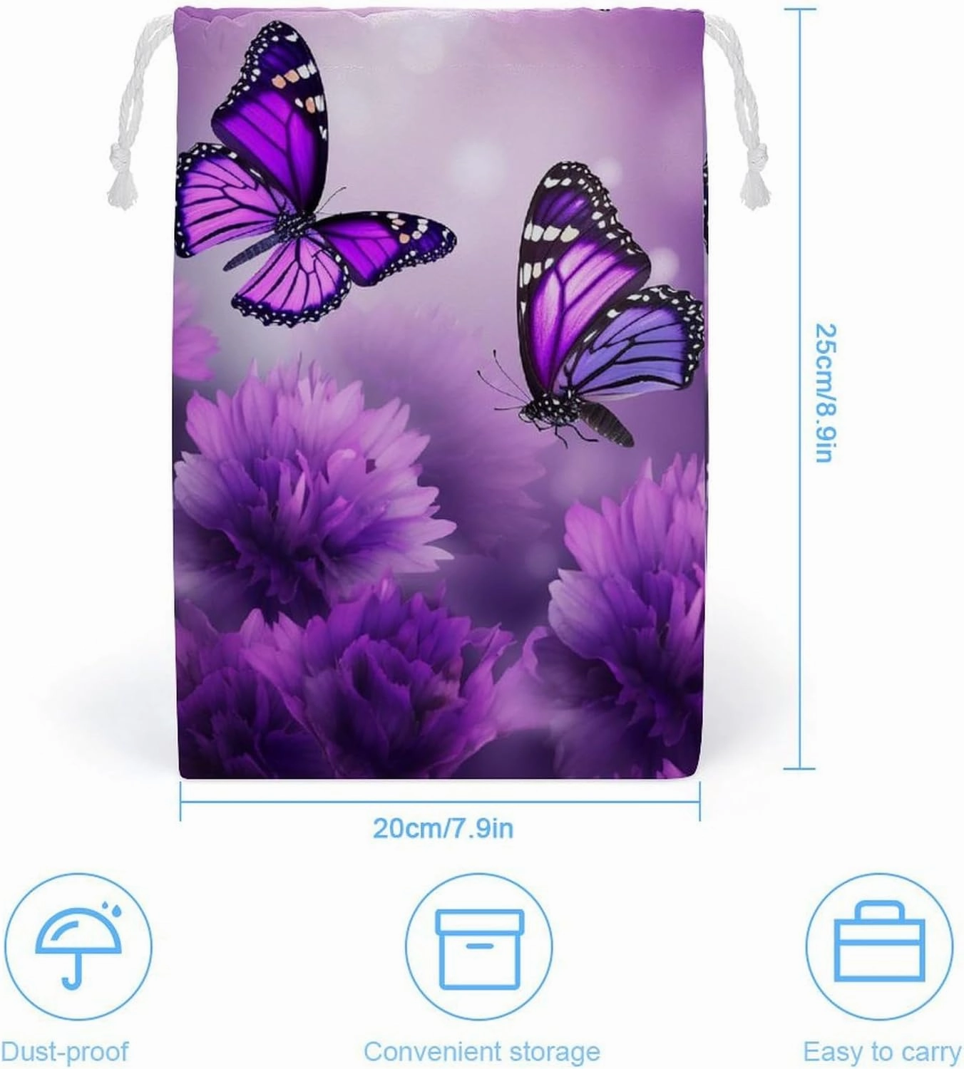 Drawstring Storage Bag Purple Flower Butterflies Gym String Bag Durable Washable for Men Women