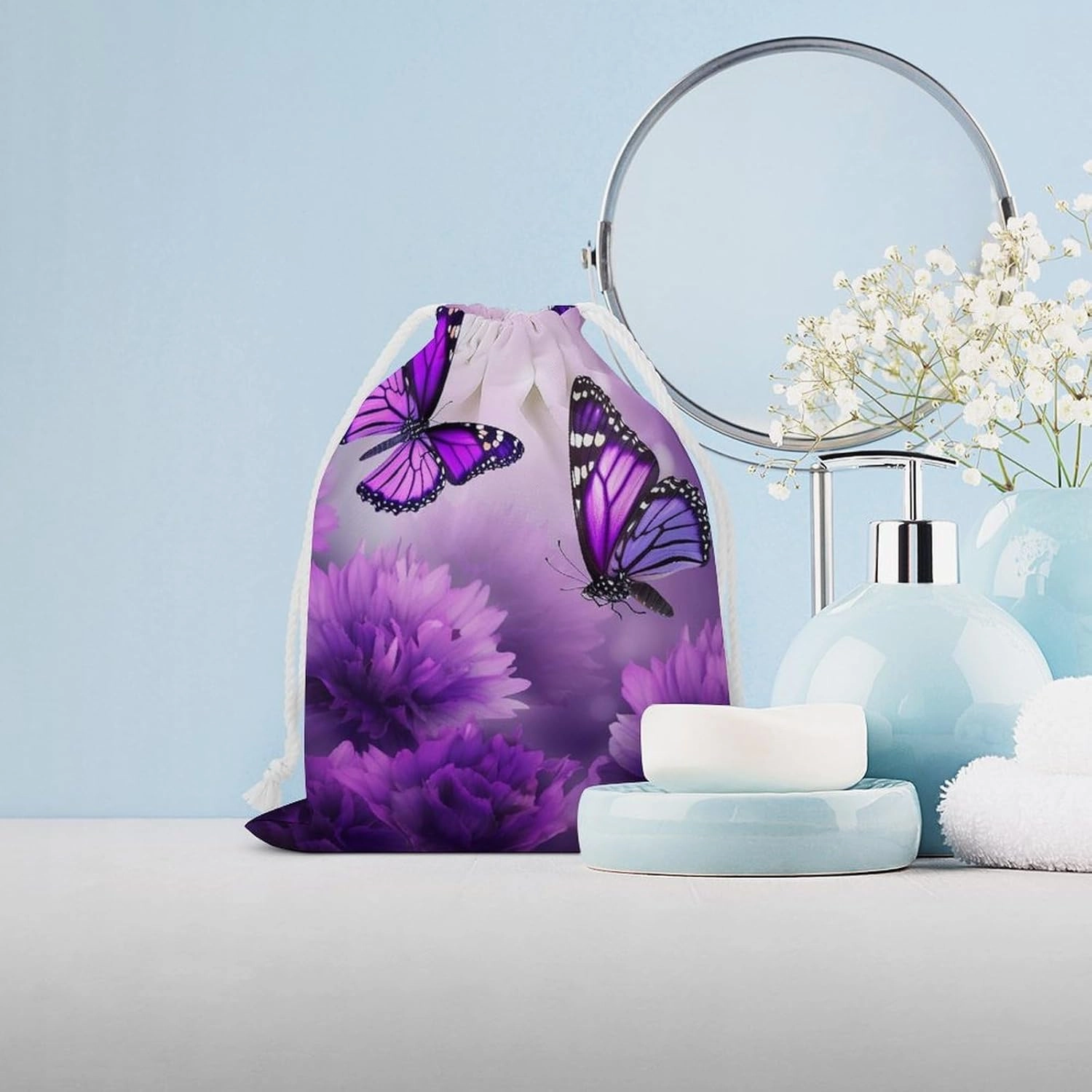 Drawstring Storage Bag Purple Flower Butterflies Gym String Bag Durable Washable for Men Women