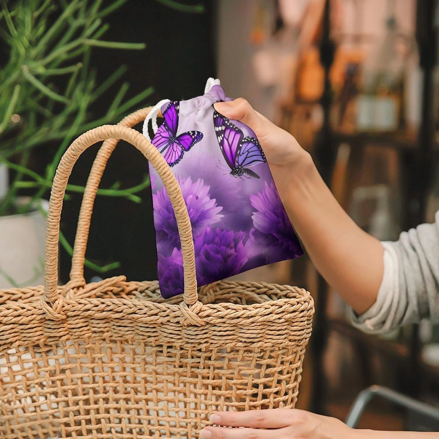 Drawstring Storage Bag Purple Flower Butterflies Gym String Bag Durable Washable for Men Women
