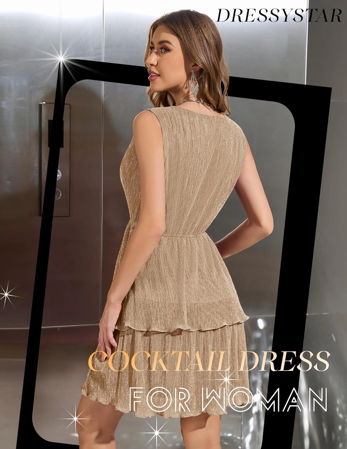 Dressystar Womens Glitter Tiered V Neck Cocktail Dress 2025 A Line Sleeveless Sequin Ruffle Short Prom Evening Party Dresses