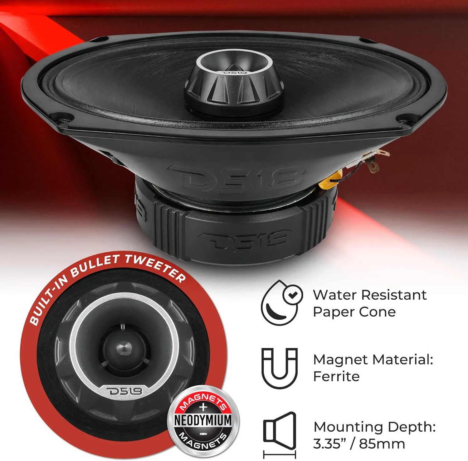 DS18 PRO-ZT Pro Audio Coaxial Midrange Speakers with Built-in Bullet Tweeter, 4-Ohms, Water Resistant - Black Metal Mesh Grill Included (1 Speaker) (6x9 inches)