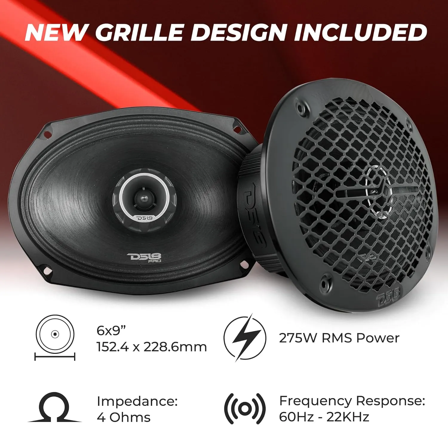 DS18 PRO-ZT Pro Audio Coaxial Midrange Speakers with Built-in Bullet Tweeter, 4-Ohms, Water Resistant - Black Metal Mesh Grill Included (1 Speaker) (6x9 inches)