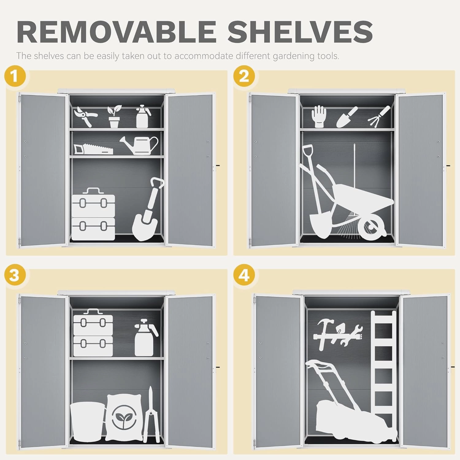 DWVO 60 Cuft Outdoor Tall Storage Shed with 2 Shelves, Weatherproof Vertical Tool Shed with Floor & Lockable Doors, Sturdy Double-Wall Plastic Cabinet for Garbage Cans and Garden Equipment (Gray)