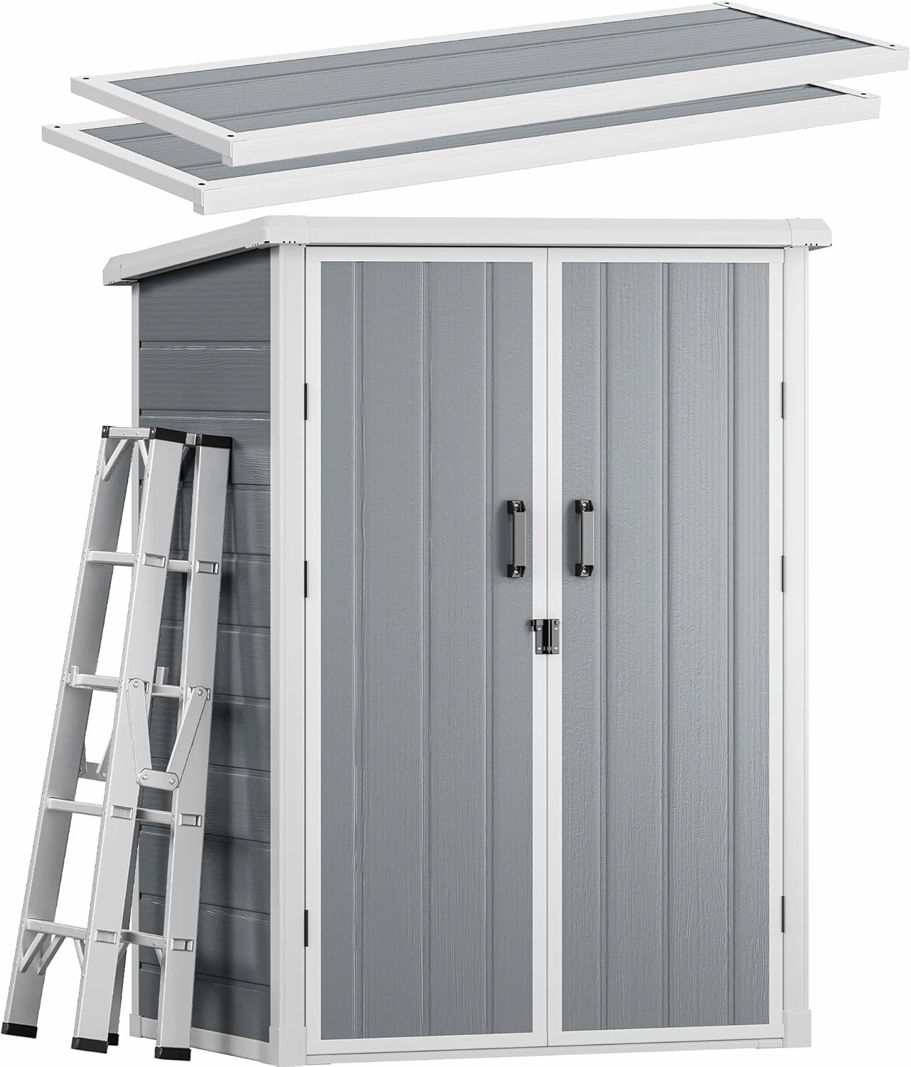 DWVO 60 Cuft Outdoor Tall Storage Shed with 2 Shelves, Weatherproof Vertical Tool Shed with Floor & Lockable Doors, Sturdy Double-Wall Plastic Cabinet for Garbage Cans and Garden Equipment (Gray)