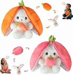 Easter Bunny Stuffed Animal Plush Pillow,Cute Bunny Stuffies Hiding Under Carrot/Strawberry,Kawaii Toy Pillow Decoration,Gift for Girlfriends and Children