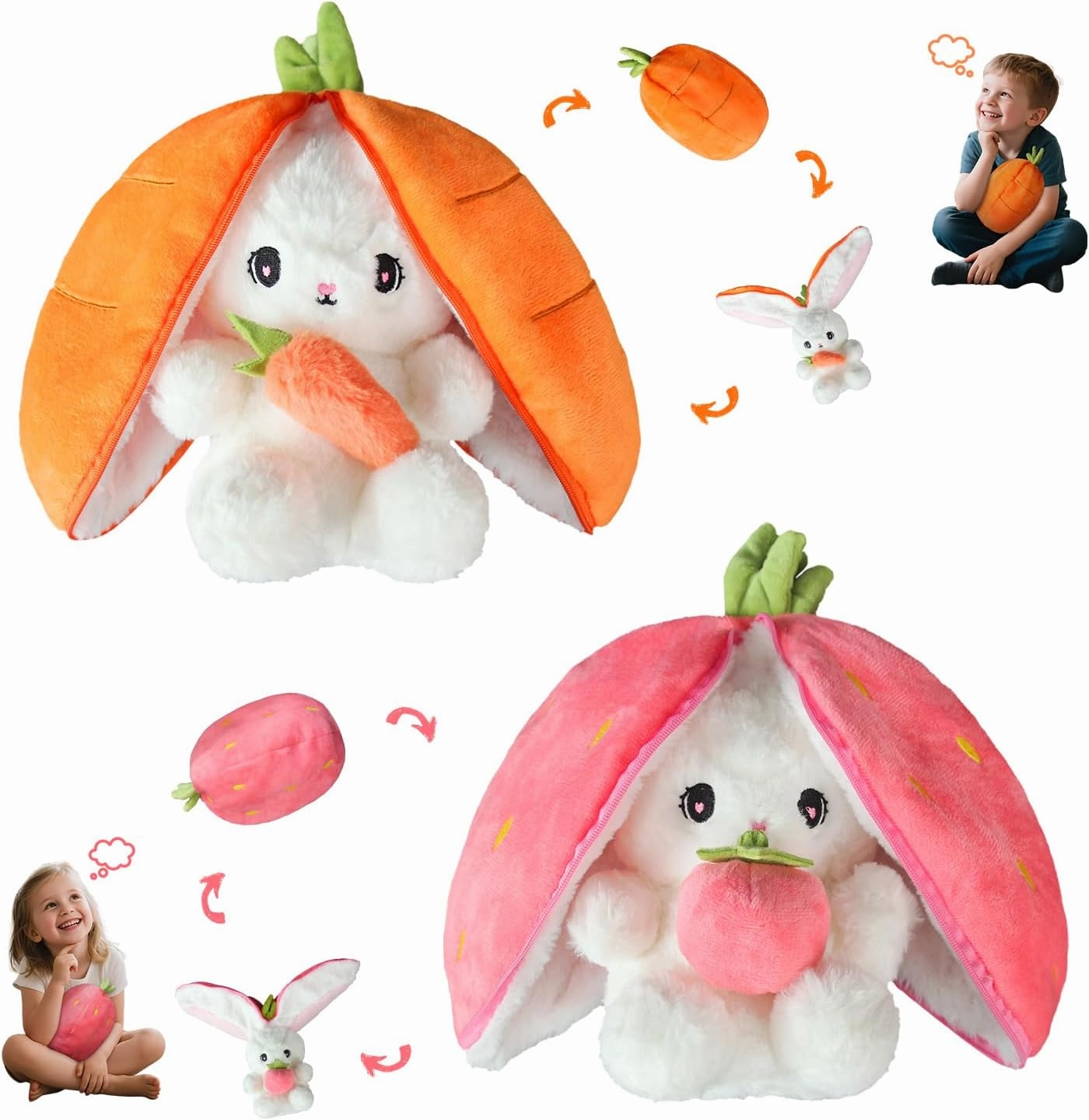 Easter Bunny Stuffed Animal Plush Pillow,Cute Bunny Stuffies Hiding Under Carrot/Strawberry,Kawaii Toy Pillow Decoration,Gift for Girlfriends and Children