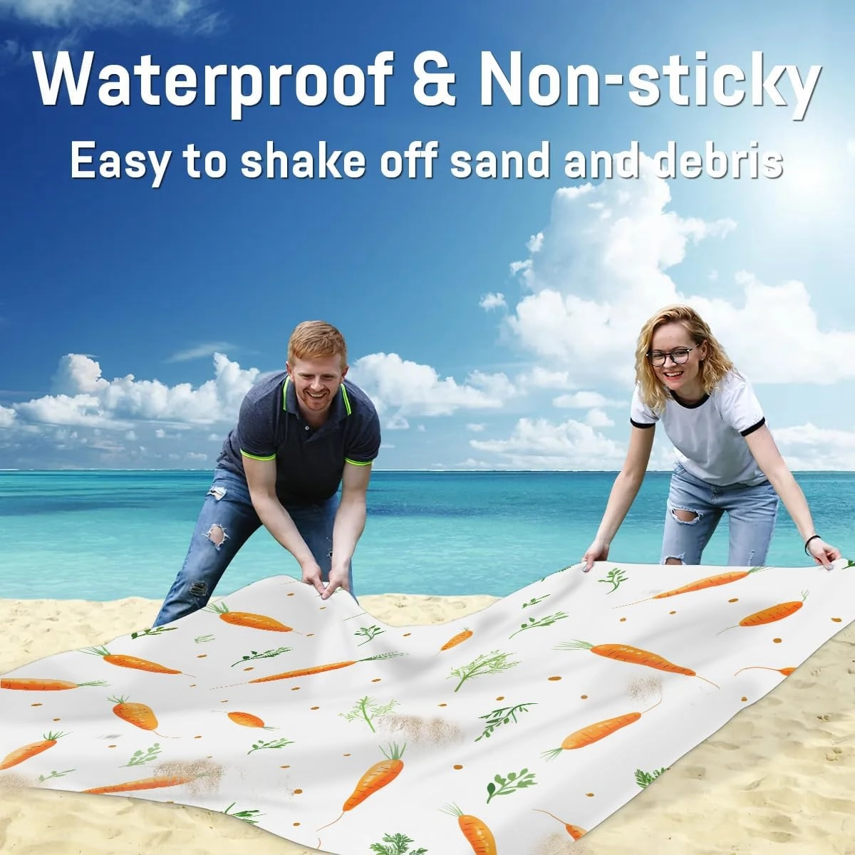 Easter Cartoon Carrots Beach Blanket, Sandproof Beach Mat, 68 x 59 Waterproof Quick Drying Sand Free Mat with 4 x Ground Spikes for Outdoor Travel Camping Hiking, Carrot Leaves