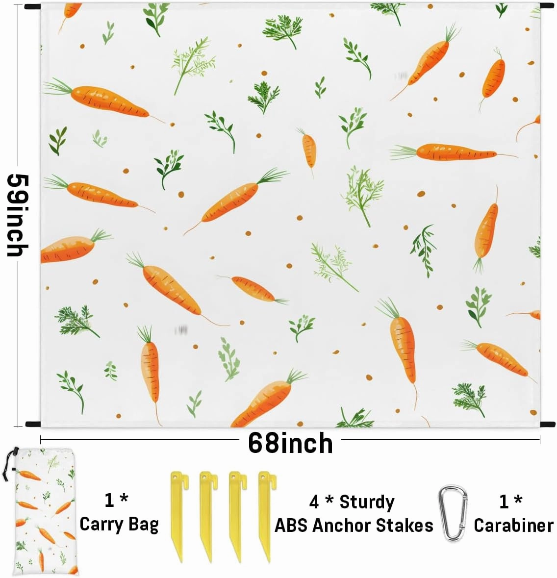 Easter Cartoon Carrots Beach Blanket, Sandproof Beach Mat, 68 x 59 Waterproof Quick Drying Sand Free Mat with 4 x Ground Spikes for Outdoor Travel Camping Hiking, Carrot Leaves