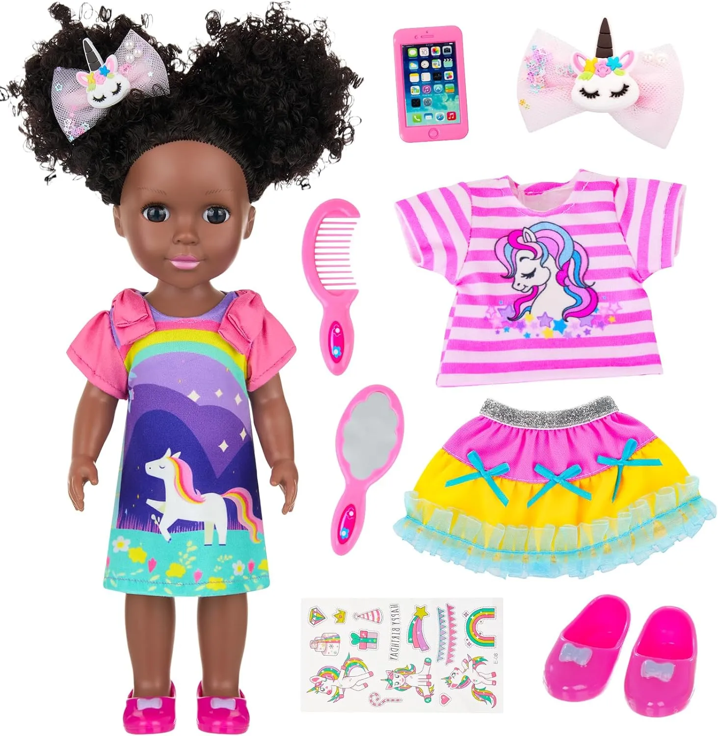 Ecore Fun 14 Inch Black Doll with Black Baby Doll Clothes Accessories – Including Dress, Top, Skirt, Shoes, Comb, Mirror, Hairclip, Phone & Stickers - African Realistic Silicone Girl Dolls for Girls