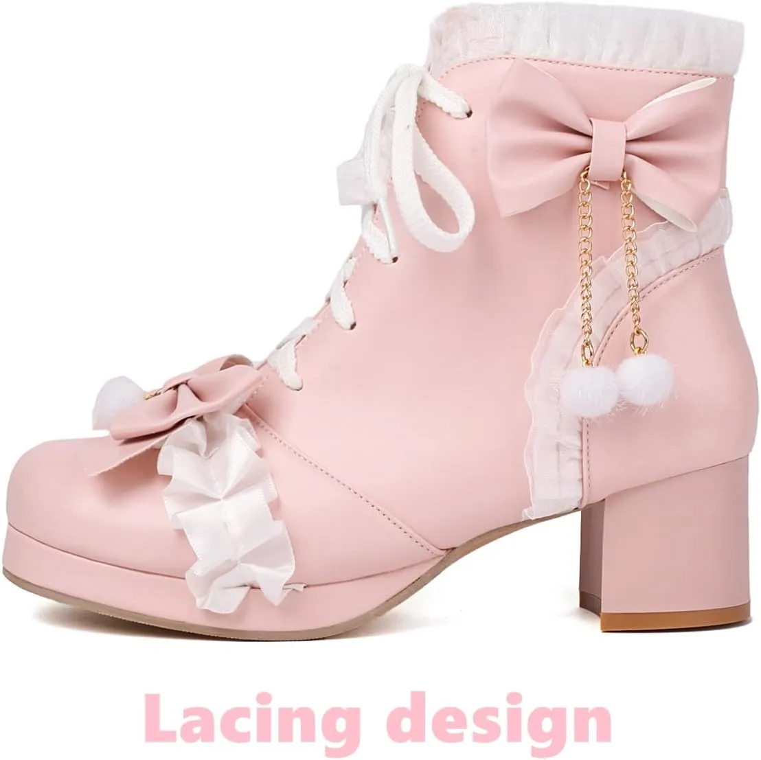 Elbslutt Women Goth Platform Boots Kawaii Lolita Chunky Heel Ankle Boots Bow Lace Up Ankle Boots Cute Sweet Cosplay Booties Punk Shoes