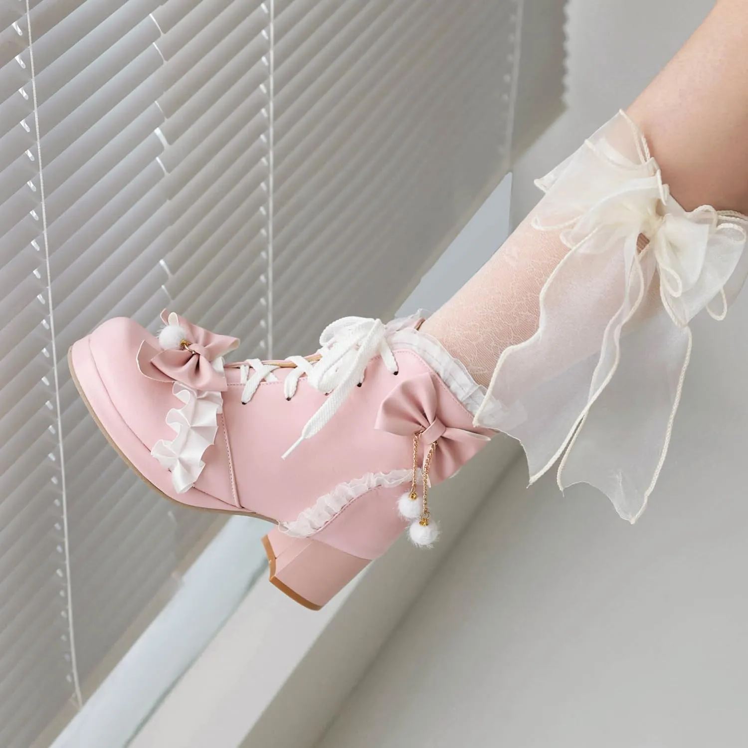 Elbslutt Women Goth Platform Boots Kawaii Lolita Chunky Heel Ankle Boots Bow Lace Up Ankle Boots Cute Sweet Cosplay Booties Punk Shoes
