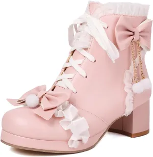 Elbslutt Women Goth Platform Boots Kawaii Lolita Chunky Heel Ankle Boots Bow Lace Up Ankle Boots Cute Sweet Cosplay Booties Punk Shoes