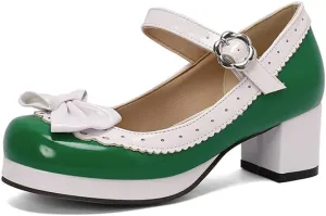 Elbslutt Women's Cute Lolita Cosplay Shoes Low Mid Chunky Heel Buckle Strap Round Toe Mary Jane Pumps Mid Block Heel Pumps with Bows Sweet Lolita Tea Party Shoes