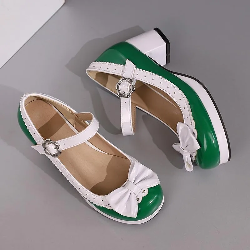 Elbslutt Women's Cute Lolita Cosplay Shoes Low Mid Chunky Heel Buckle Strap Round Toe Mary Jane Pumps Mid Block Heel Pumps with Bows Sweet Lolita Tea Party Shoes