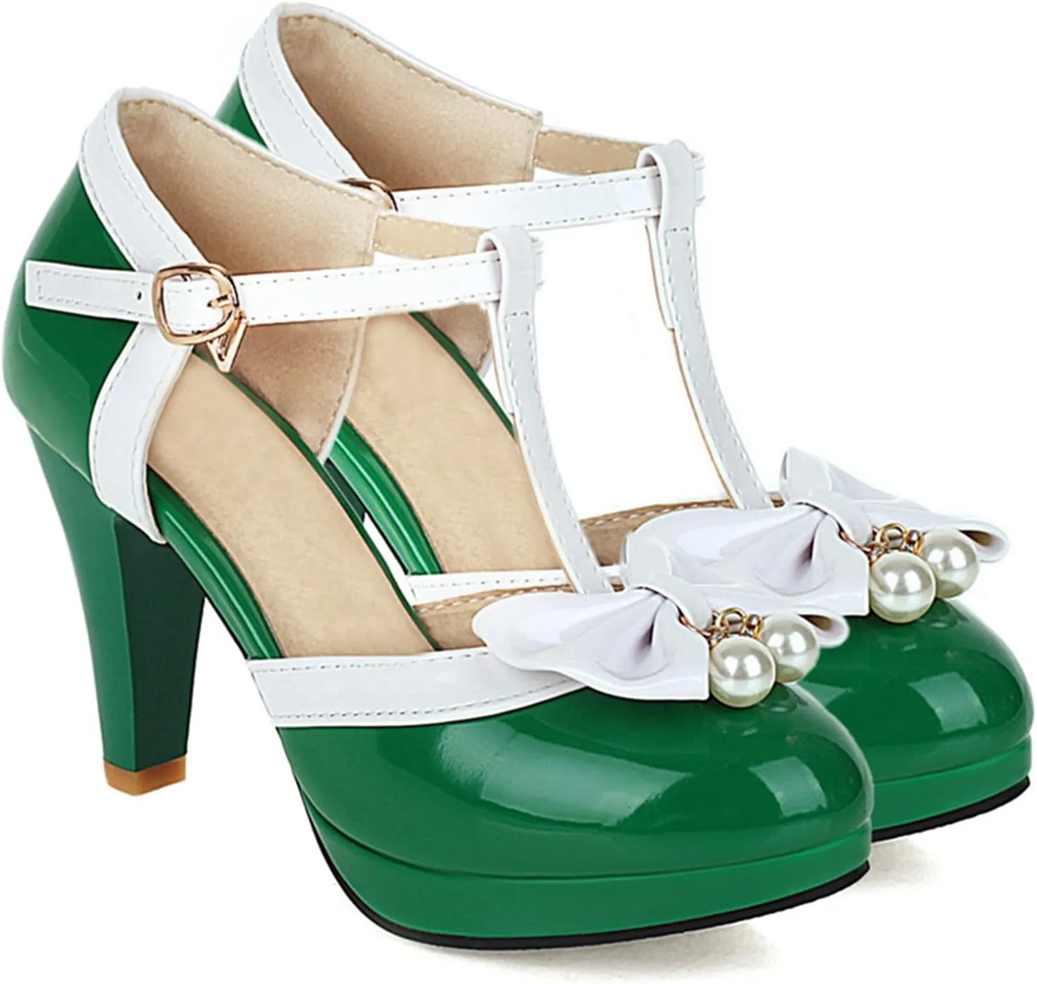 Elbslutt Women's Cute Retro Rockabilly Shoes T Strap Mary Janes Heels Chunky Cosplay Shoes Sweet Block Heeled Bow Pumps