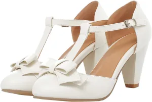 Elbslutt Women's Cute Retro Rockabilly Shoes T Strap Mary Janes Heels Chunky Cosplay Shoes Sweet Block Heeled Bow Pumps