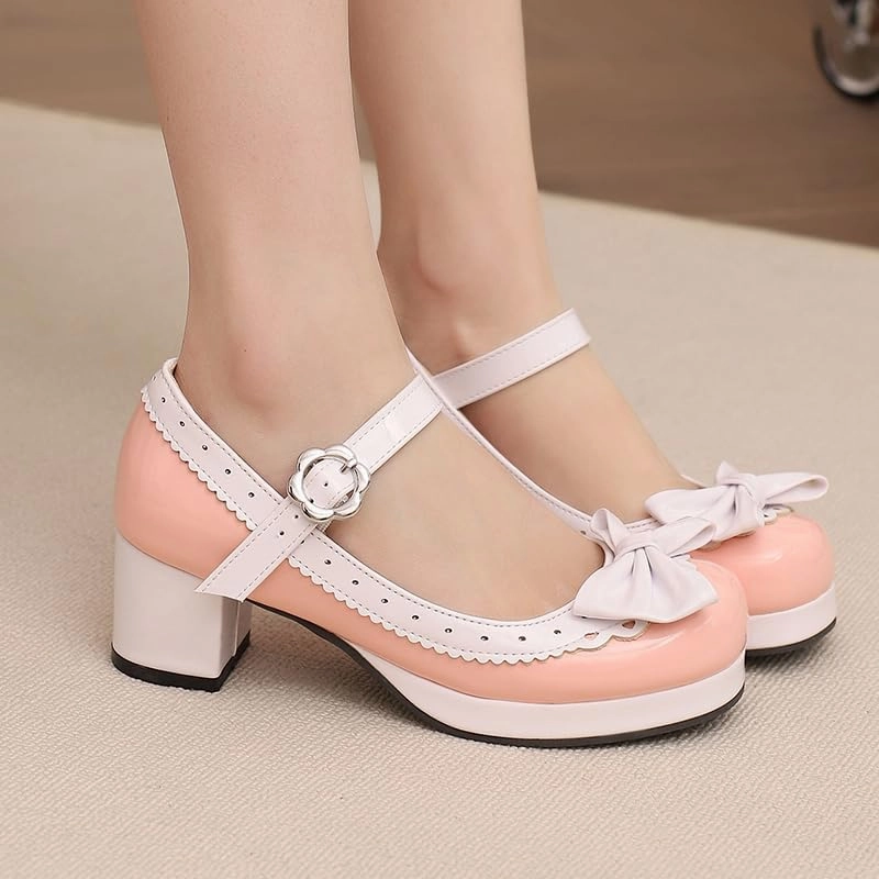 Elbslutt Women's Cute Lolita Cosplay Shoes Low Mid Chunky Heel Buckle Strap Round Toe Mary Jane Pumps Mid Block Heel Pumps with Bows Sweet Lolita Tea Party Shoes