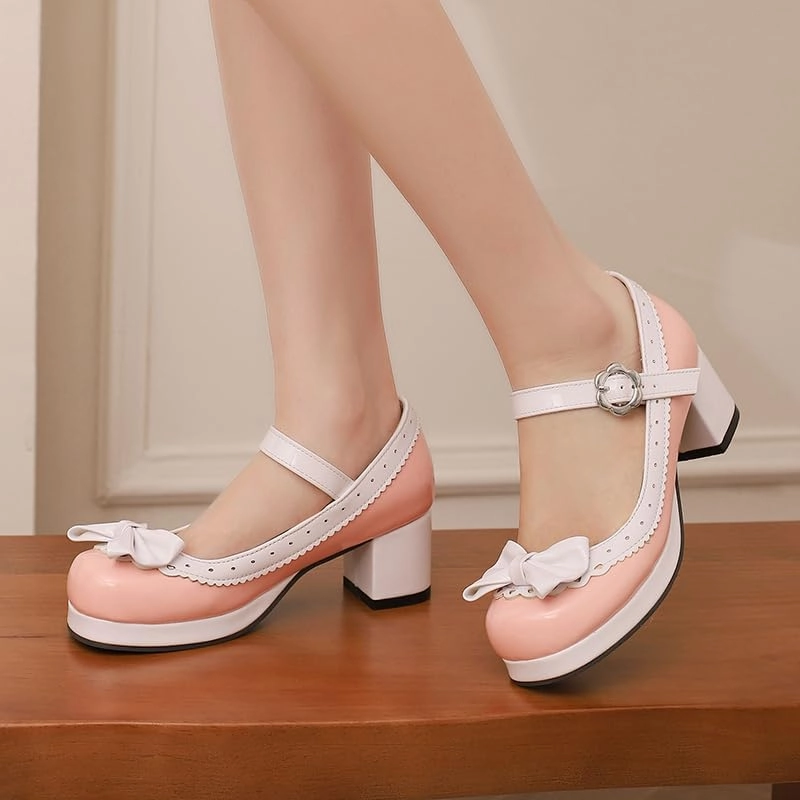 Elbslutt Women's Cute Lolita Cosplay Shoes Low Mid Chunky Heel Buckle Strap Round Toe Mary Jane Pumps Mid Block Heel Pumps with Bows Sweet Lolita Tea Party Shoes