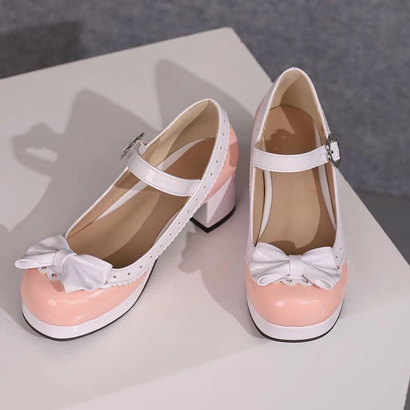 Elbslutt Women's Cute Lolita Cosplay Shoes Low Mid Chunky Heel Buckle Strap Round Toe Mary Jane Pumps Mid Block Heel Pumps with Bows Sweet Lolita Tea Party Shoes