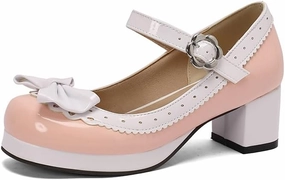 Elbslutt Women's Cute Lolita Cosplay Shoes Low Mid Chunky Heel Buckle Strap Round Toe Mary Jane Pumps Mid Block Heel Pumps with Bows Sweet Lolita Tea Party Shoes