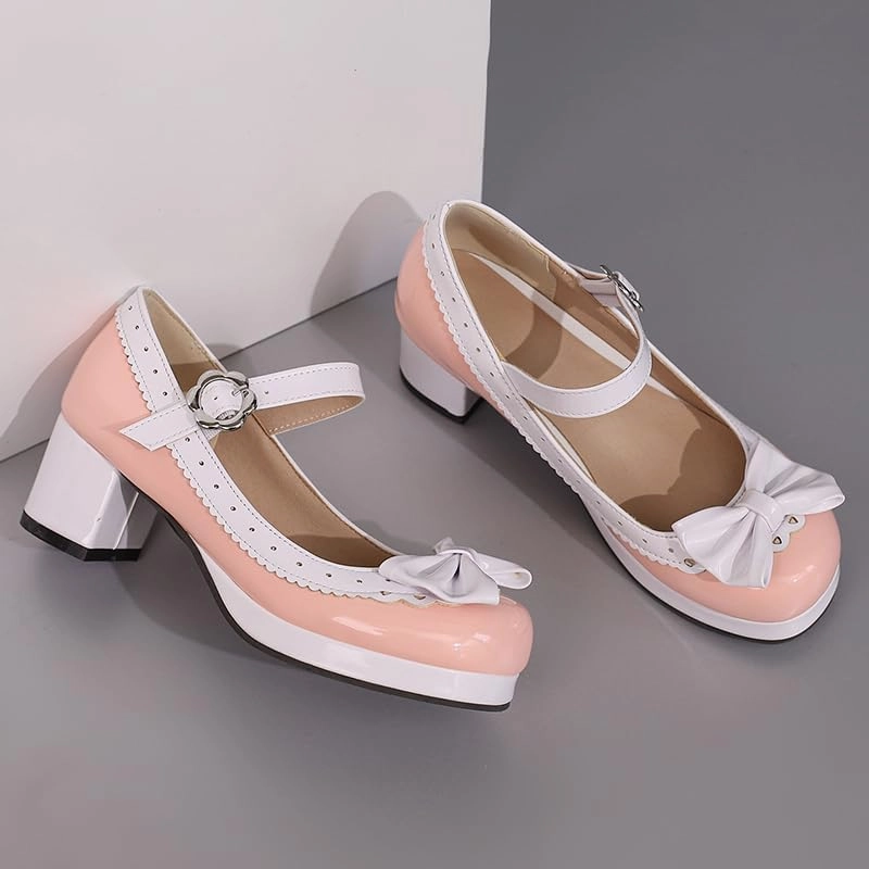 Elbslutt Women's Cute Lolita Cosplay Shoes Low Mid Chunky Heel Buckle Strap Round Toe Mary Jane Pumps Mid Block Heel Pumps with Bows Sweet Lolita Tea Party Shoes
