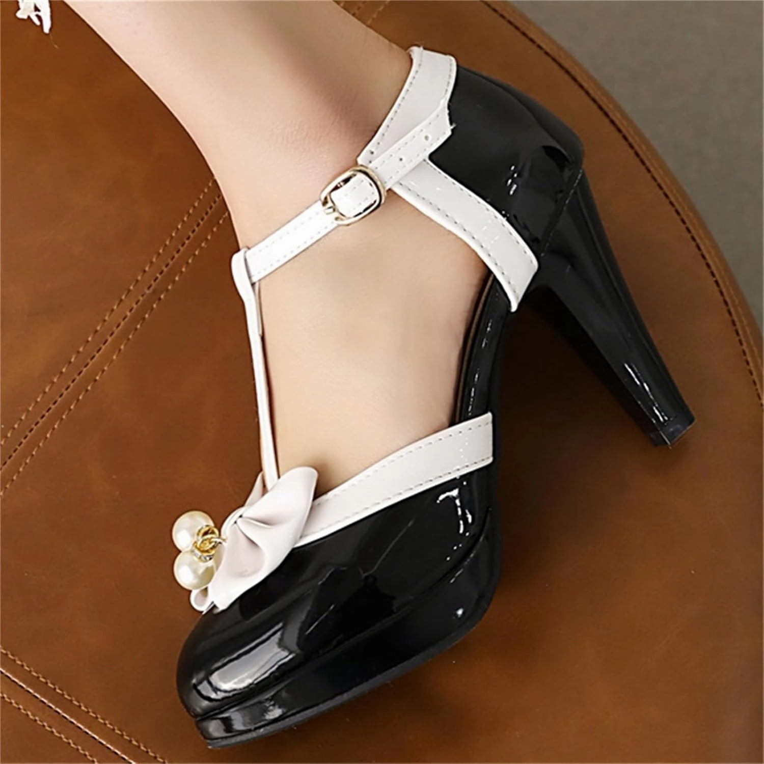 Elbslutt Women's Cute Retro Rockabilly Shoes T Strap Mary Janes Heels Chunky Cosplay Shoes Sweet Block Heeled Bow Pumps