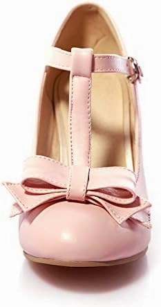 Elbslutt Women's Cute Retro Rockabilly Shoes T Strap Mary Janes Heels Chunky Cosplay Shoes Sweet Block Heeled Bow Pumps