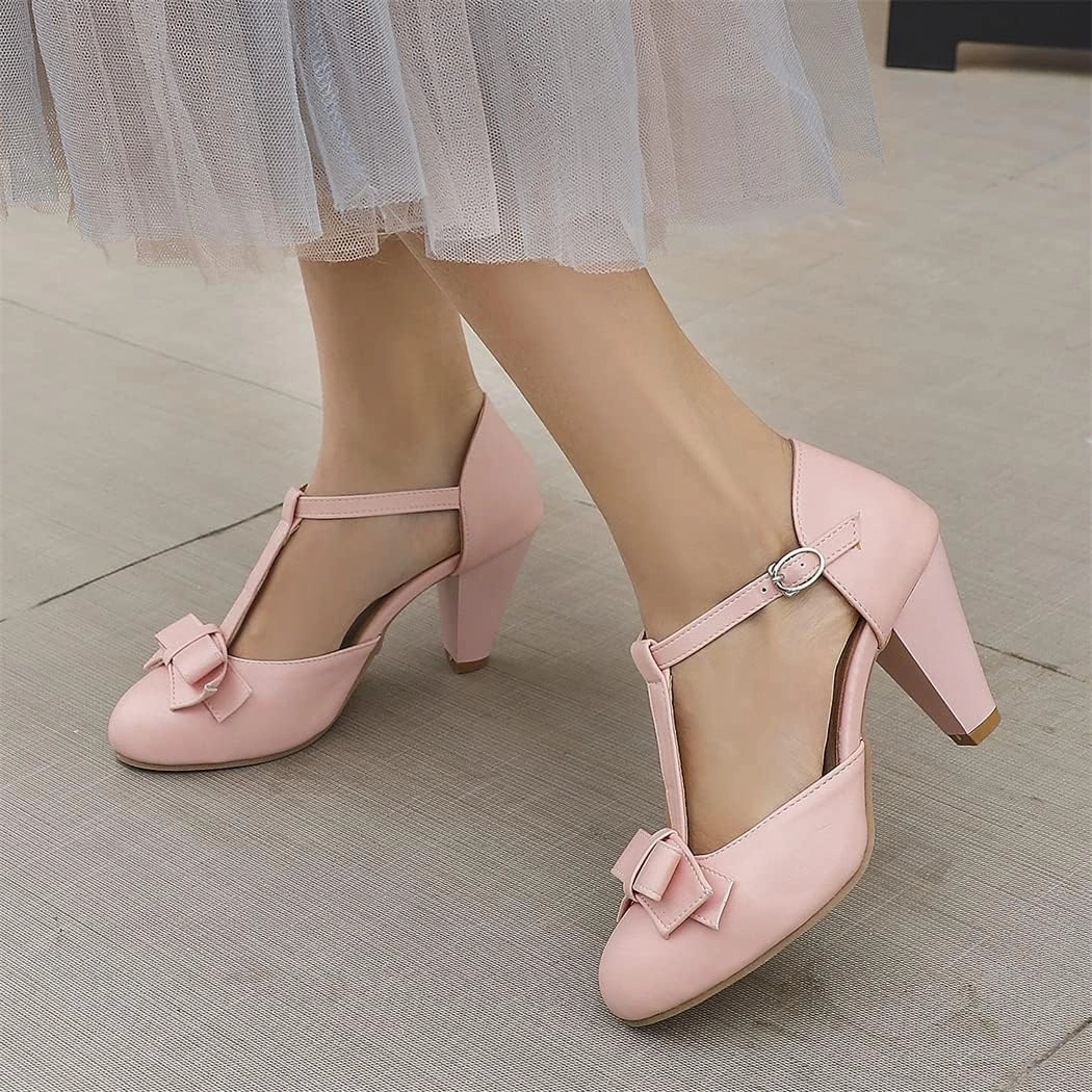 Elbslutt Women's Cute Retro Rockabilly Shoes T Strap Mary Janes Heels Chunky Cosplay Shoes Sweet Block Heeled Bow Pumps