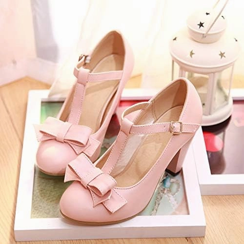 Elbslutt Women's Cute Retro Rockabilly Shoes T Strap Mary Janes Heels Chunky Cosplay Shoes Sweet Block Heeled Bow Pumps