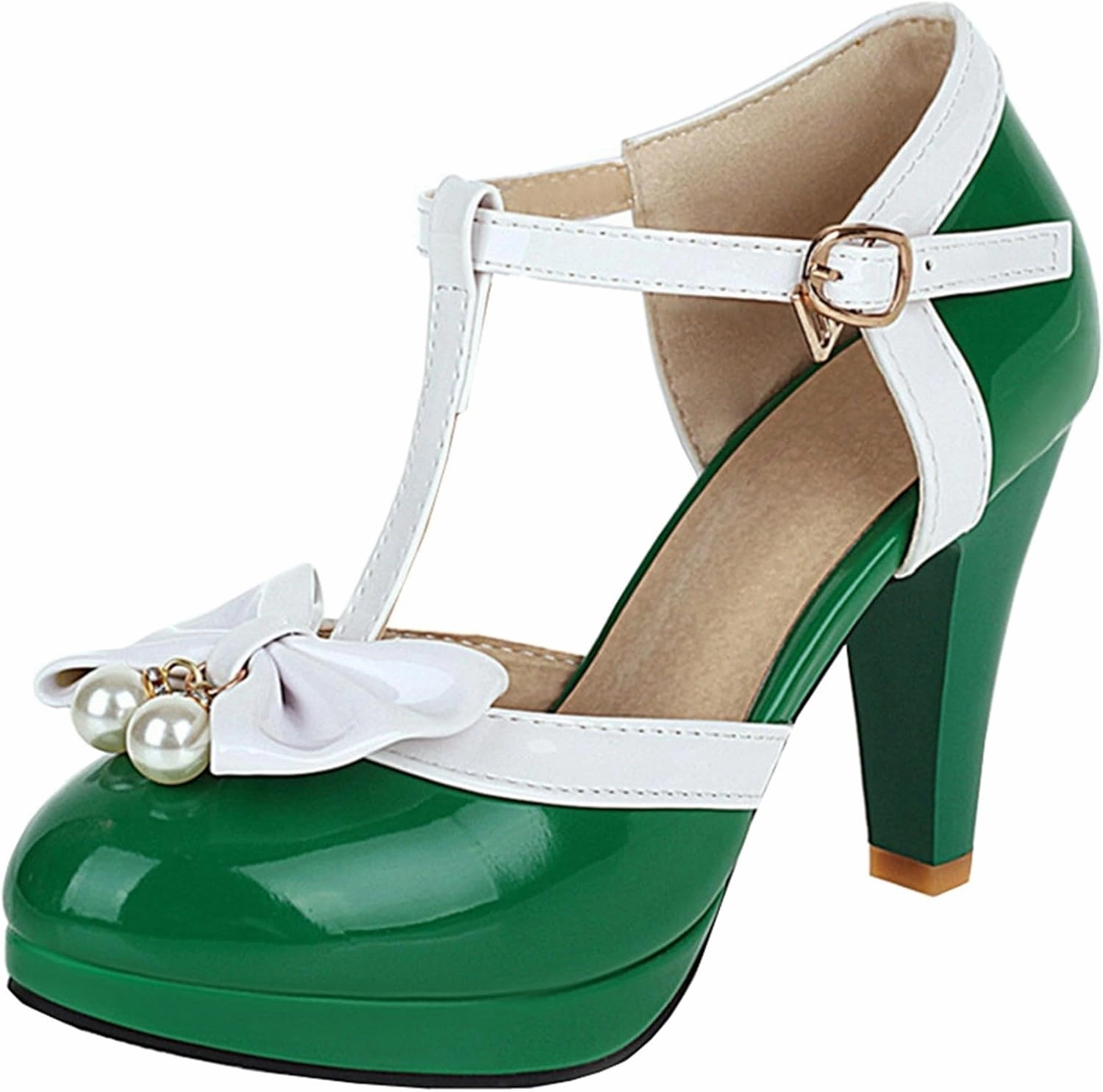 Elbslutt Women's Cute Retro Rockabilly Shoes T Strap Mary Janes Heels Chunky Cosplay Shoes Sweet Block Heeled Bow Pumps