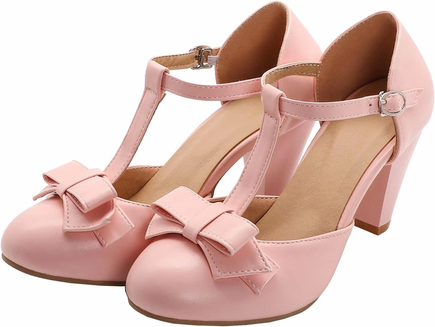 Elbslutt Women's Cute Retro Rockabilly Shoes T Strap Mary Janes Heels Chunky Cosplay Shoes Sweet Block Heeled Bow Pumps