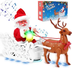 Electric Santa and Reindeer Sleigh Toys,Singing and Dancing with Jingle Bell Rock,Christmas Decor with Music and Lights,Fun Gift