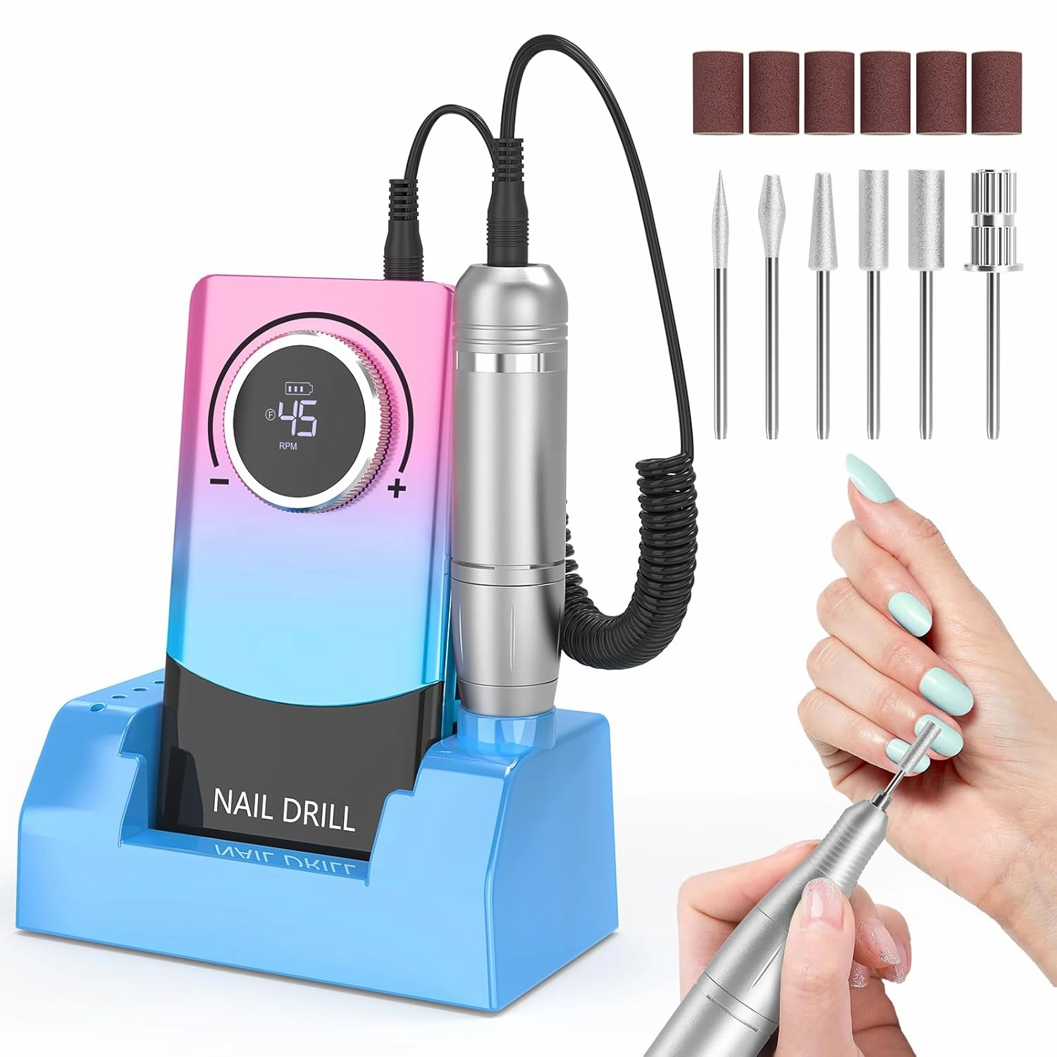 Electric Nail Drill Professional: 45000RPM Rechargeable Nail File with Bits & Base for Acrylic Gel Nails, Professional Nail Drill Manicure Pedicure Polishing Shape Tools for Home Salon