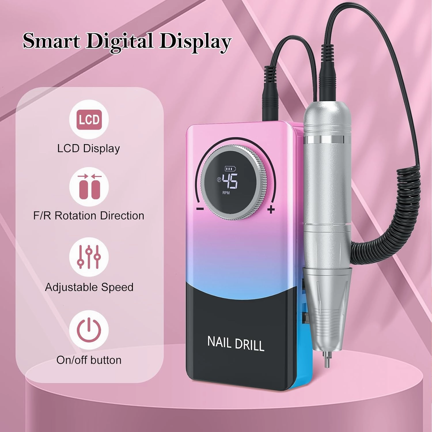 Electric Nail Drill Professional: 45000RPM Rechargeable Nail File with Bits & Base for Acrylic Gel Nails, Professional Nail Drill Manicure Pedicure Polishing Shape Tools for Home Salon