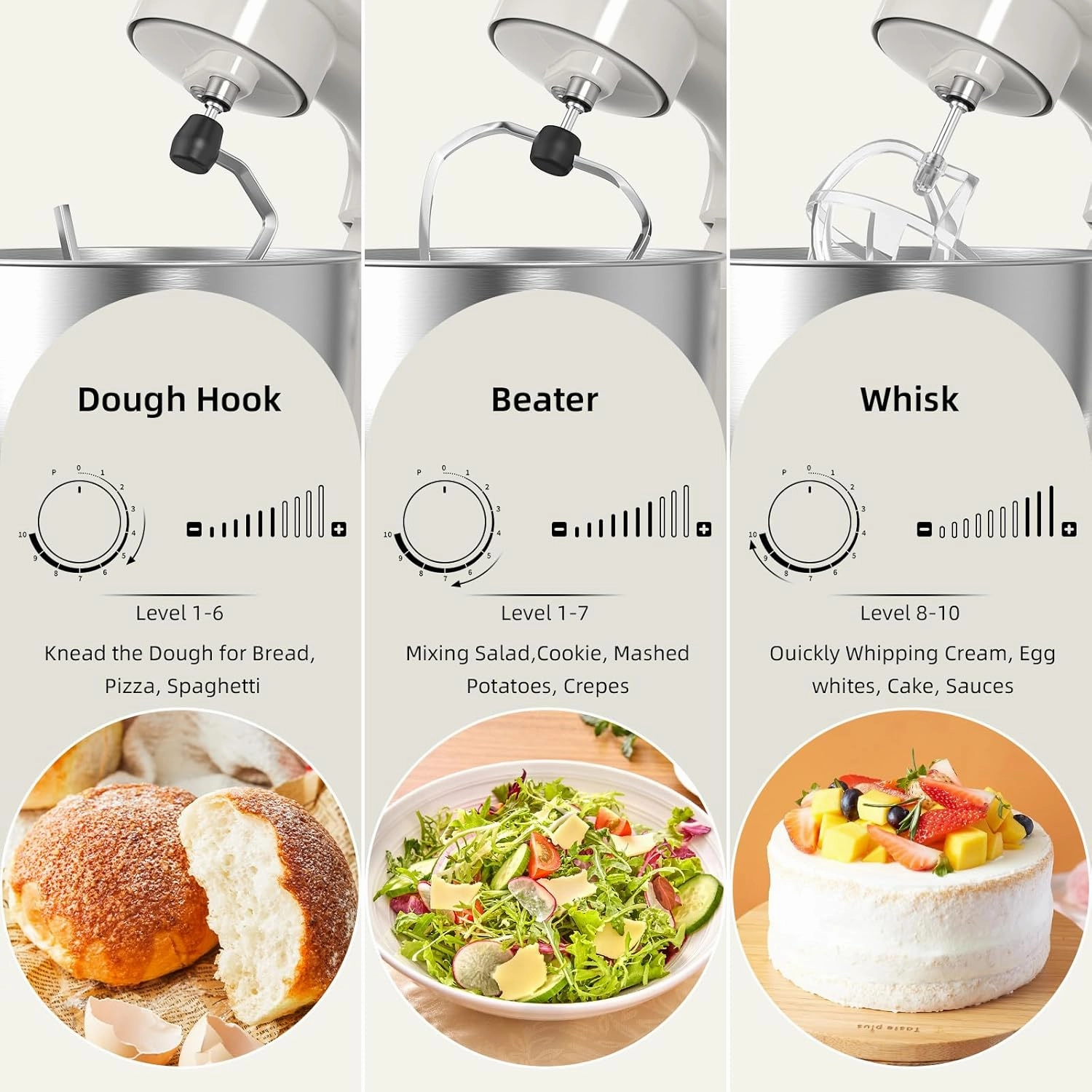 Electric Stand Mixer,10 Speeds Tilt-Head Food Mixer, 3-IN-1 Kitchen Mixer for Daily Cooks with Dishwasher-Safe 6.5 QT Bowl,Dough Hook, Beater, Whisk (Almond Cream)