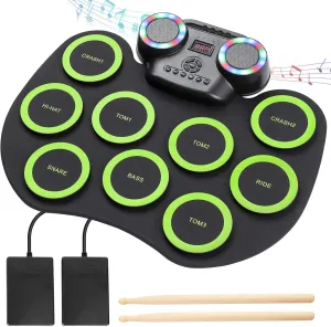 Electronic Drum Set 9Pads with LED Lights, Bluetooth Electronic Drum, Roll-Up Drum Pad, Built-in Dual Speakers, Headphone, Holiday Birthday Gift for Kids Adults