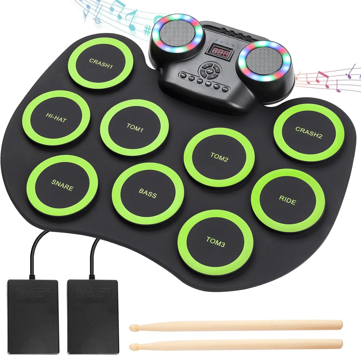 Electronic Drum Set 9Pads with LED Lights, Bluetooth Electronic Drum, Roll-Up Drum Pad, Built-in Dual Speakers, Headphone, Holiday Birthday Gift for Kids Adults