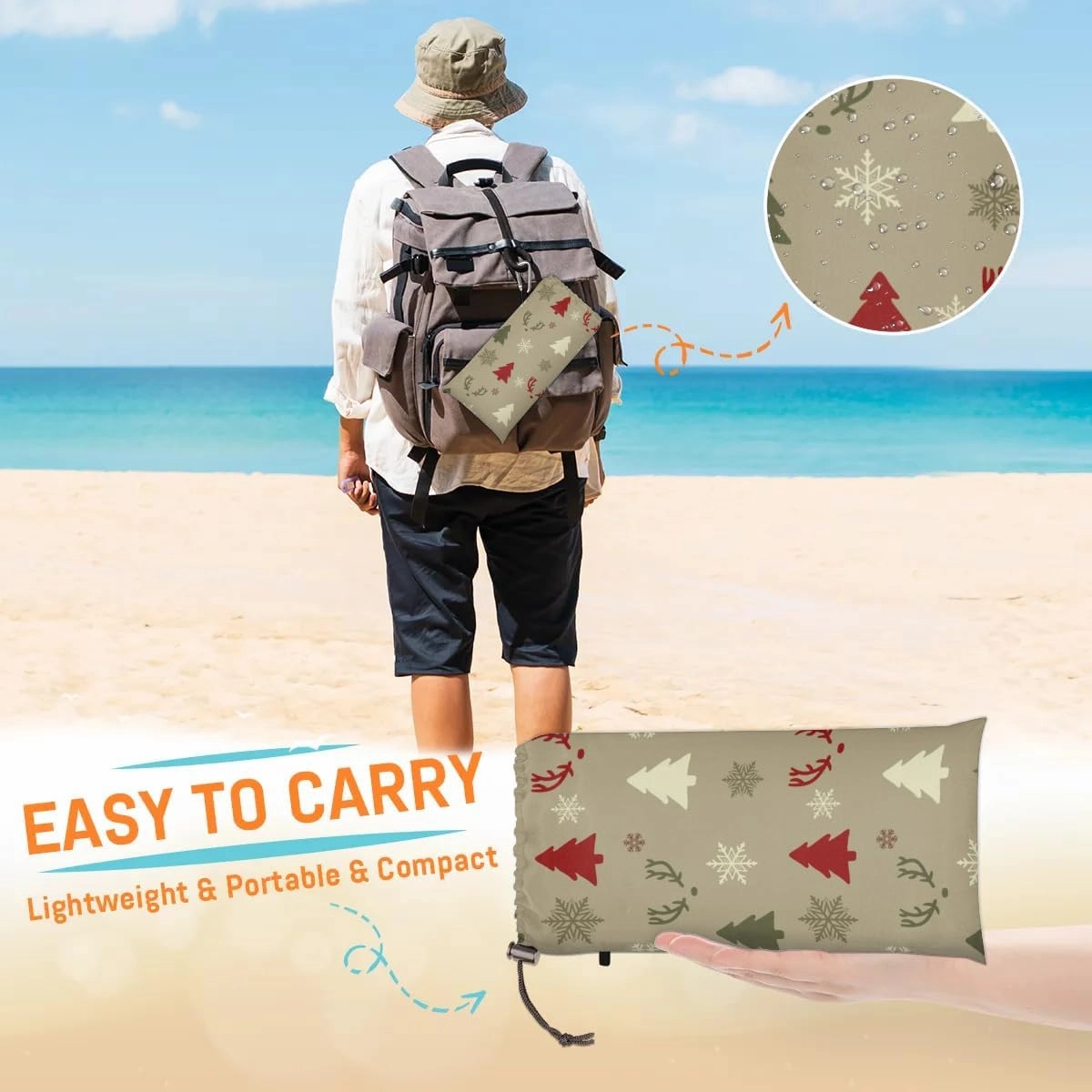 Elk Beach Blanket, Sandproof Beach Mat, 68 x 59 Waterproof Quick Drying Sand Free Mat with 4 x Ground Spikes for Outdoor Travel Camping Hiking, Christmas Tree