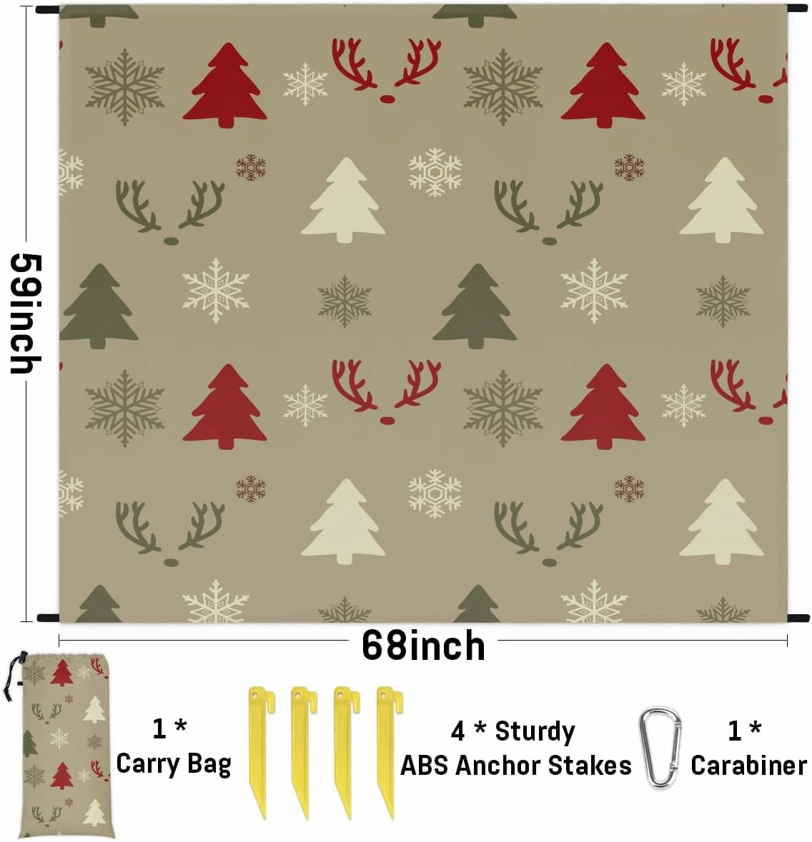 Elk Beach Blanket, Sandproof Beach Mat, 68 x 59 Waterproof Quick Drying Sand Free Mat with 4 x Ground Spikes for Outdoor Travel Camping Hiking, Christmas Tree