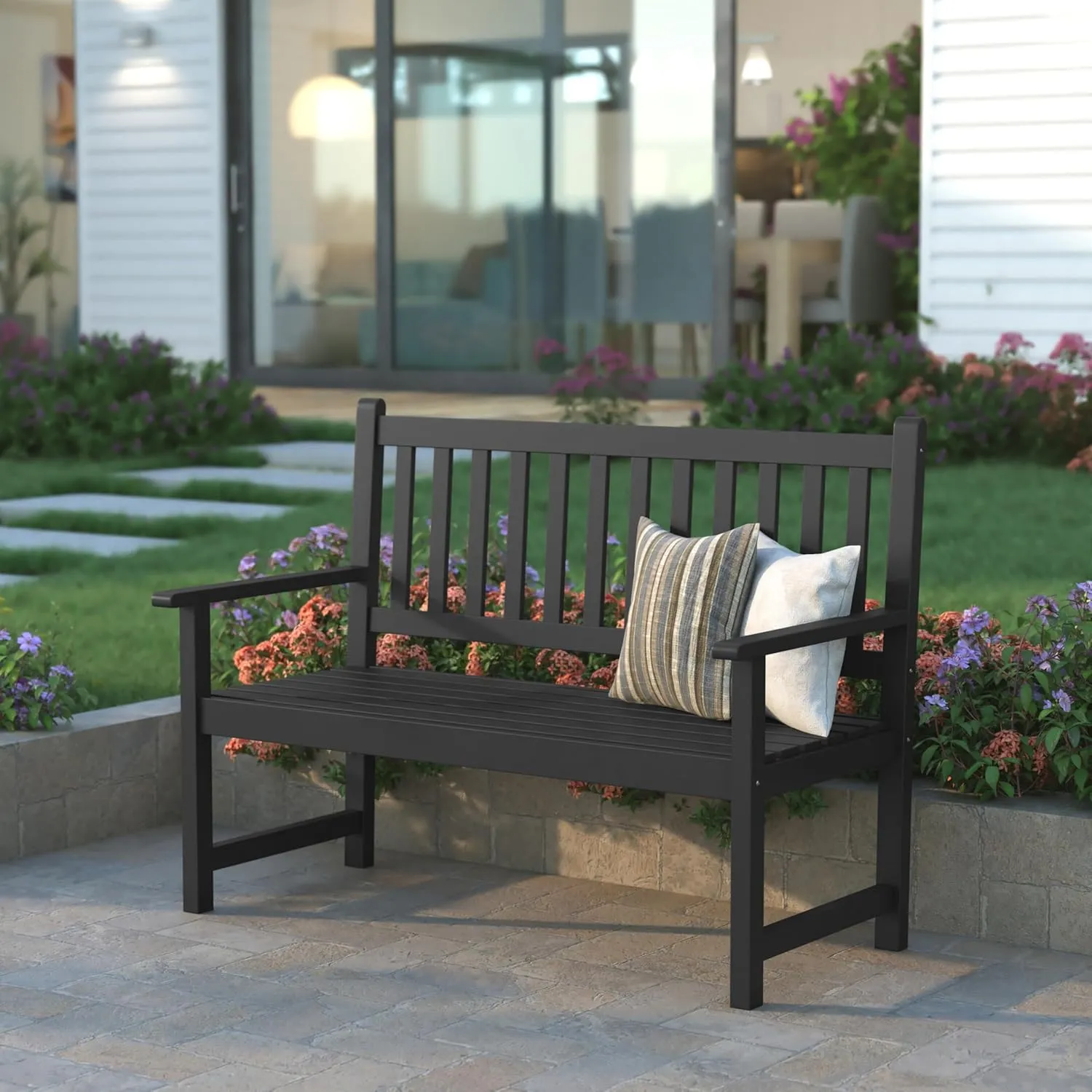 EMMA   OLIVER Ashford Patio Bench for Indoor/Outdoor Use, Acacia Wood Slatted Loveseat for 2, Perfect for Sunroom, Garden, Backyard or Porch, Black