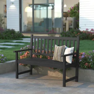 EMMA   OLIVER Ashford Patio Bench for Indoor/Outdoor Use, Acacia Wood Slatted Loveseat for 2, Perfect for Sunroom, Garden, Backyard or Porch, Black