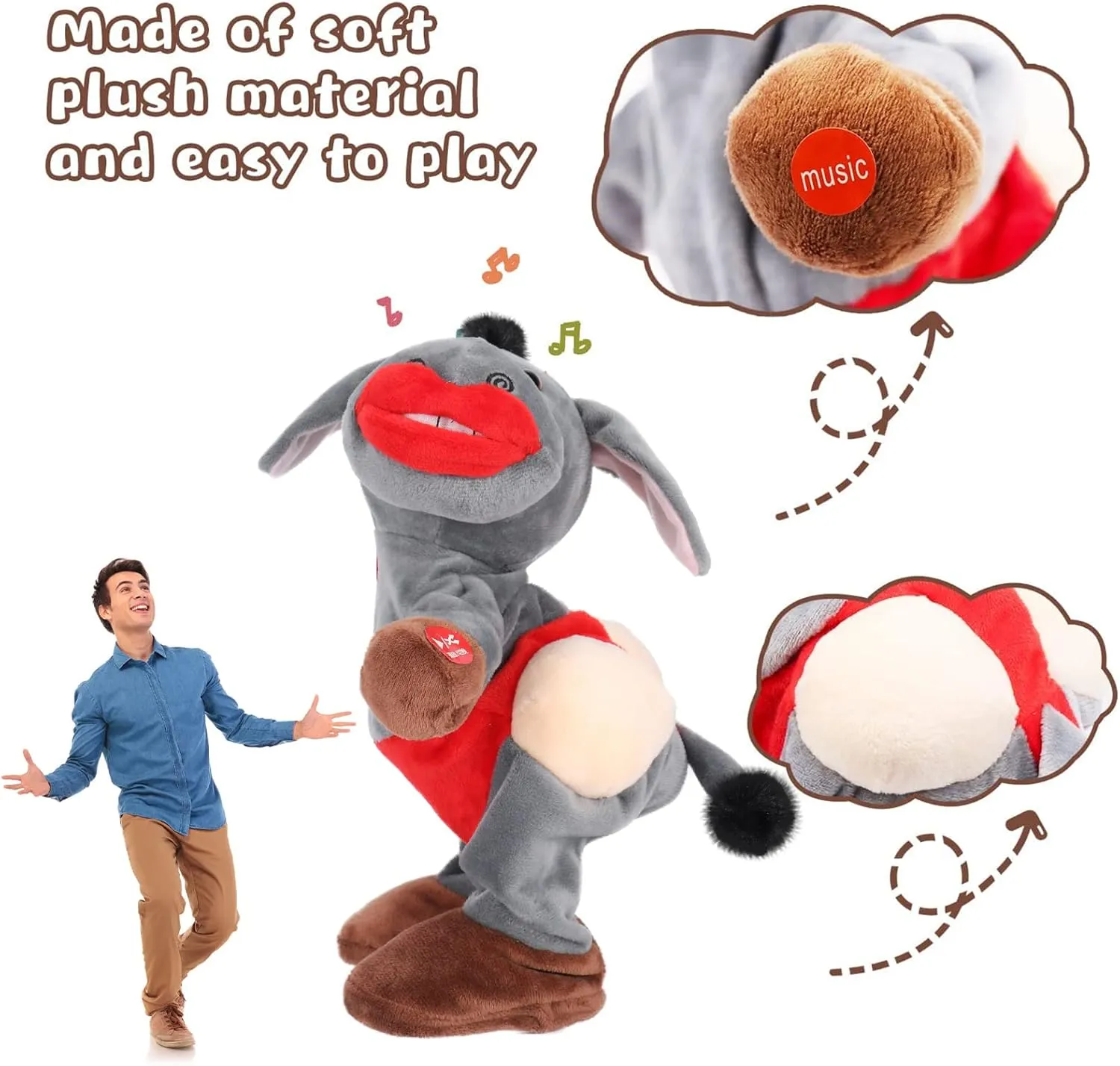 Emoin Dancing and Singing Donkey Toy, Shaking Donkey Stuffed Animal Interactive Musical Toys Electric Plush Toys Birthday Gifts for Mom Adults Men Women