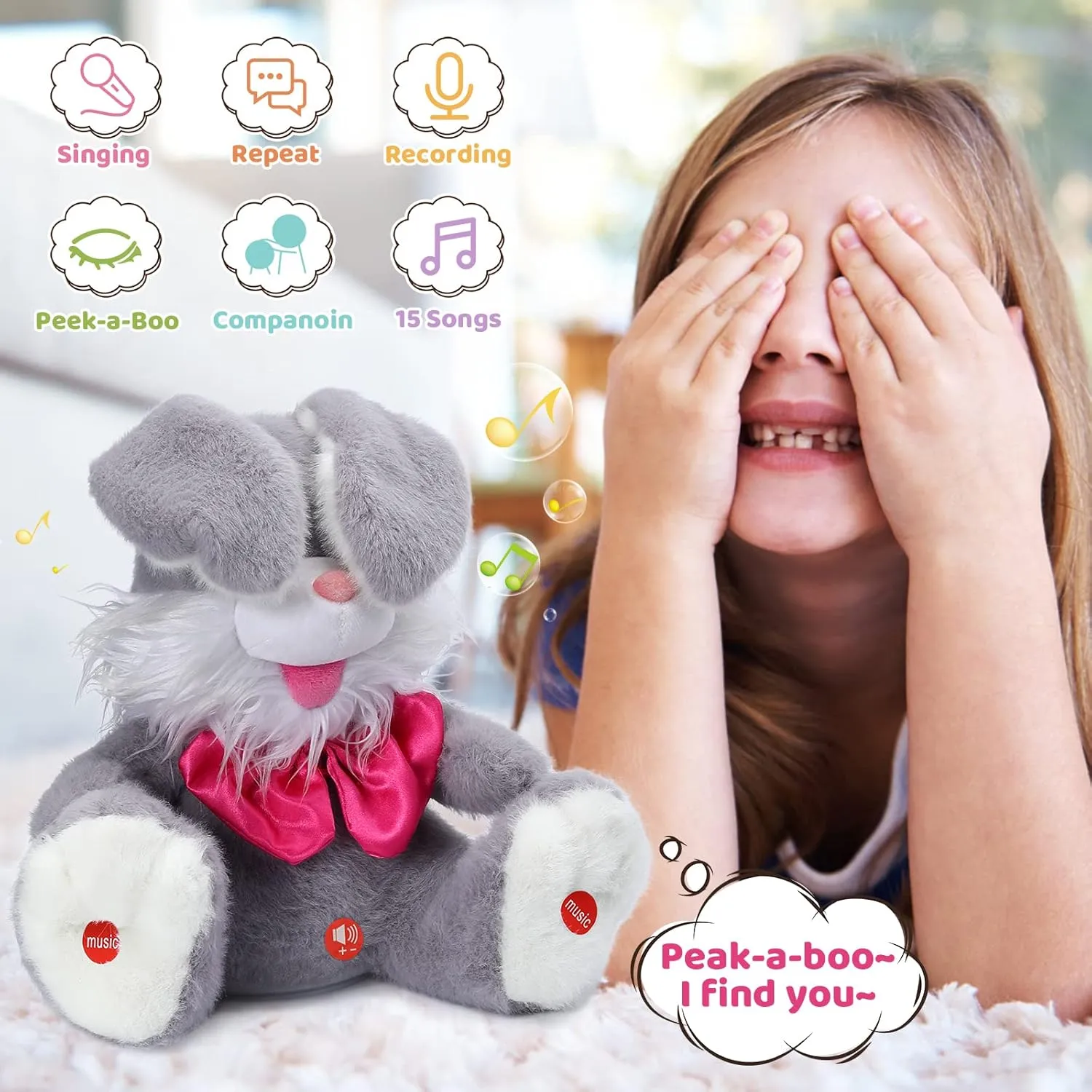 Emoin Easter Bunny Stuffed Animal Baby Toys Talking Bunny Peek-A-Boo Toys with Floppy Ear Repeats What You Say Singing Plush Rabbit Birthday Gift for Kids Girls Boys