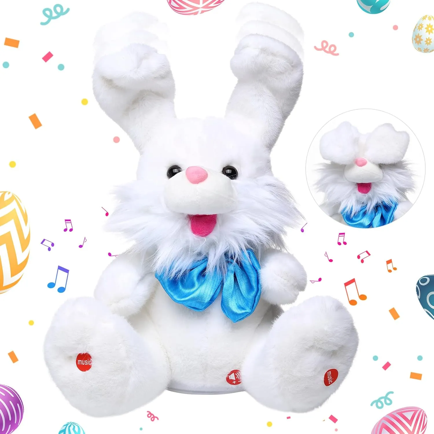 Emoin Easter Bunny Stuffed Animals Bunny Plush Baby Toys Bunny Peek-A-Boo Toys Repeats What You Say Singing with Floppy Ears Birthday Gift for Toddler 7 8 9 10 11 Months 1-2 Year Old（White）
