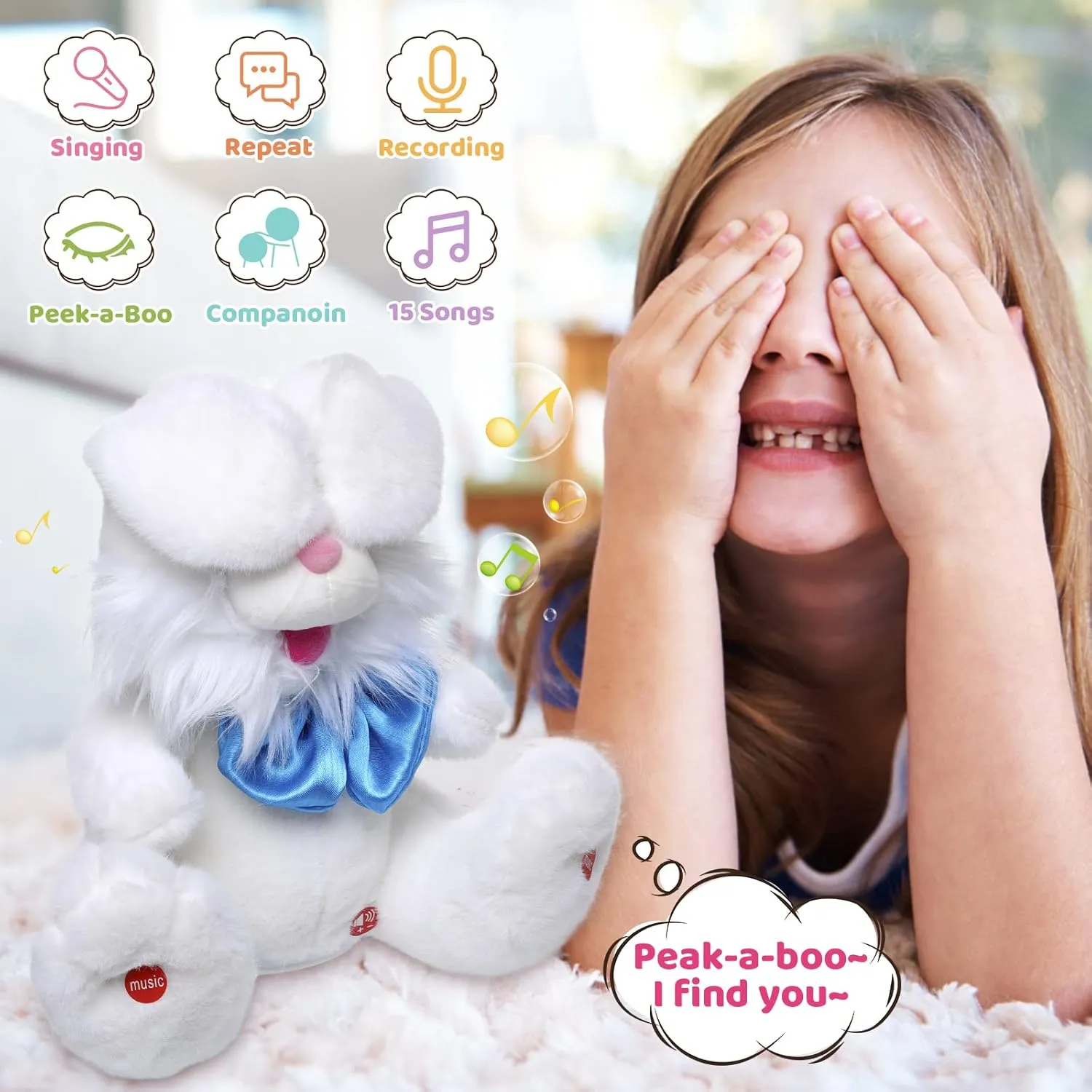 Emoin Easter Bunny Stuffed Animals Bunny Plush Baby Toys Bunny Peek-A-Boo Toys Repeats What You Say Singing with Floppy Ears Birthday Gift for Toddler 7 8 9 10 11 Months 1-2 Year Old（White）