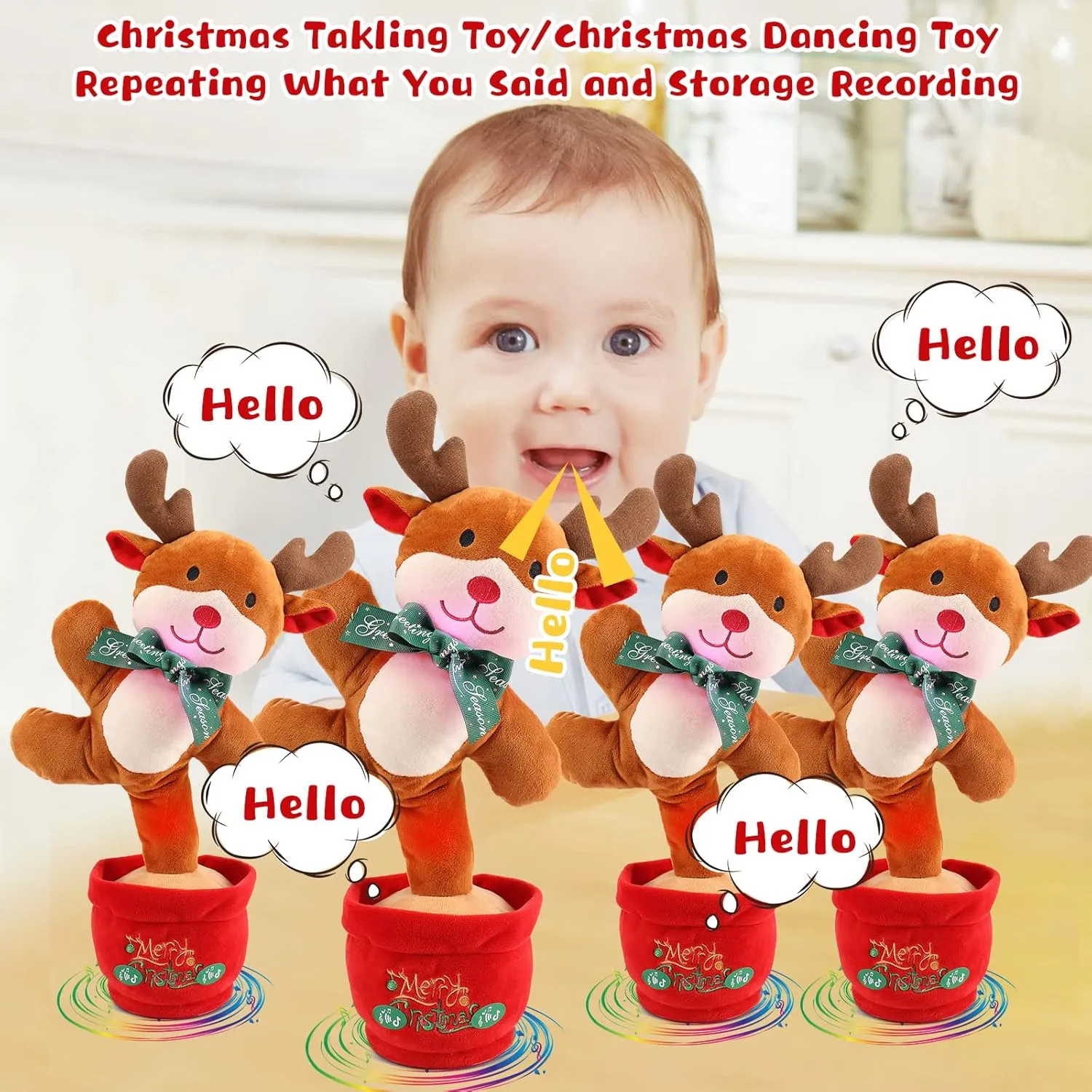Emoin Singing Reindeer Dancing Cactus Baby Toys 6 to 12 Months Musical Light up Toy Mimicking Repeating & Recording Toy for Girls Boys 1 2 3 Year Old Interactive Toys for Kids Gifts