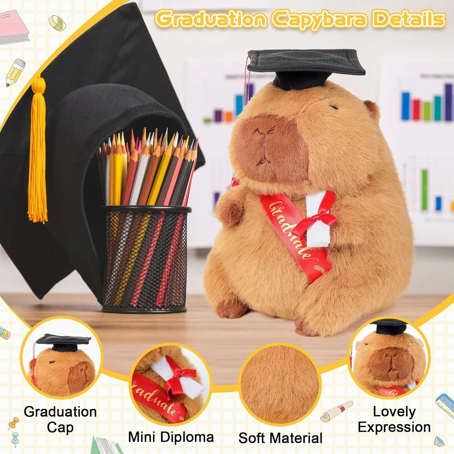 Emoin Capybara Graduation Plush for Her Him, 9 Inch Class of 2025 Graduation Capybara Stuffed Animal with Cap & Diploma, 2025 Inspirational Plush Toy for High School